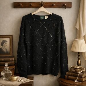 Julimay Beaded Angora Lambswool Sweater Black Embellished Knit M